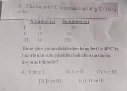 4) X katısının 40 °C'ta çözünürlüğü 40 g X/100g
sudur.
Su kütlesi (g)
20
X kütlesi (g)
I. 8
II. 12
III. 60
30
200
Buna göre yukarıdakilerden hangileri ile 40°C'ta
hazırlanan sulu çözeltiler belirtilen şartlarda
doymuş hâldedir?
A) Yalnız I.
B) I ve II.
C) I ve III.
D) II ve III
E) I, II ve III