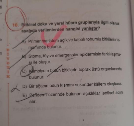 10. Bitkisel doku ve yerel hücre gruplarıyla ilgili… Biyoloji 10. Bitkisel doku ve yerel hücre gruplarıyla ilgili… Biyoloji