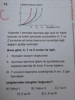 13.
Buhar basıncı (atm)
X Y Z
1
C
sinavyayin.con
0
t1
tz tz
Sıcaklık (°C)
Yukarıda 1 atmosfer basınçta ağzı açık bir kapta
bulunan ve birbiri içerisinde çözünebilen X, Y ve
Z sivilarına ait buhar basıncının sıcaklığa bağlı
değişim grafiği verilmiştir.
Buna göre; X, Y ve Z siviları ile ilgili,
I. Homojen karışım oluştururlar.
II. Ayrımsal damıtma işlemi ile ayrıldıklarında
toplama kabında ilk önce X Sivisi toplanır.
III. Y sivisinin kaynama sıcaklığında X sivi, Z gaz
fazındadır.
yargılarından hangileri doğrudur?
A) Yalnız!
B) Yalnız 11 C) I ve II
E) I, II ve III
D) II ve III
