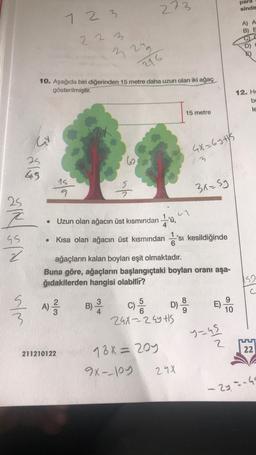 273
para
sinde
7 2 3
A) A
B) E
2 2 3
n
2
216
10. Aşağıda biri diğerinden 15 metre daha uzun olan iki ağaç
gösterilmiştir.
12. He
bi
le
15 metre
w
4X=64 tys
62
3
45
15
9
nh
3x=5y
-'ü
4
25
Z
GS
2
Uzun olan ağacın üst kısmından ü,
Kısa olan ağacın üst kısmından da'sı kesildiğinde
ağaçların kalan boyları eşit olmaktadır.
Buna göre, ağaçların başlangıçtaki boyları oranı aşa-
ğıdakilerden hangisi olabilir?
152
c
A
al
A)
um
E)
B)
4
5
C)
D)
29x22 Gyts
10
y=45
UU
Z
22
211210122
18x = 205
9x-loy
298
- 2yang
