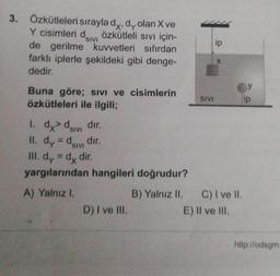 SIVI
3. Özkütleleri sırayla dy, dy olan X ve
Y cisimleri dsiv, özkütleli sivi için-
de gerilme kuvvetleri sıfırdan
farklı iplerle şekildeki gibi denge-
dedir.
ip
X
Buna göre; SIVI ve cisimlerin
özkütleleri ile ilgili;
SIVI
ip
II. dy = dsivi
SIVI
1. dx> div dir.
dır.
III. dy = dy dir.
yargılarından hangileri doğrudur?
A) Yalnız 1.
B) Yalnız II. C) I ve II.
E) Il ve III.
D) I ve III.
http://odsgm