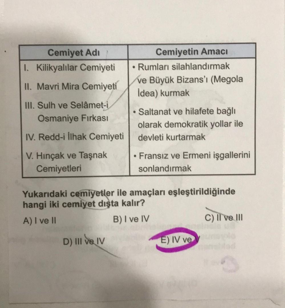 Cemiyet Adi
1. Kilikyalılar Cemiyeti
II. Mavri Mira Cemiyeti
Cemiyetin Amacı
· Rumları silahlandırmak
ve Büyük Bizans'ı (Megola
Idea) kurmak
III. Sulh ve Selâmet-i
Osmaniye Fırkası
• Saltanat ve hilafete bağlı
olarak demokratik yollar ile
devleti kurtarmak