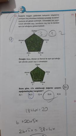 23.
22. Aşağıda beşgen şeklindeki bahçenin köşelerine
yerleşen beş arkadaşın birbiriyle oynadığı "ip tutma"
oyununa ait görsel verilmiştir. Görseldeki her oyun-
cunun altındaki sayı, kendisinin kaç kişi ile beraber
aynı ipi tuttuğunu göstermektedir.
Eylem
1
9
Ahmet
3
Ebrar
2
4
Azra Kemal
2
Örneğin Azra, Ahmet ve Kemal ile aynı ipi tuttuğu
için altında yazan sayı 2 olmaktadır.
Eylem
Ahmet
3
Ebrar
2
Azra
2
Kemal
4
ORDINAL YAYINLARI
Buna göre, x'in alabileceği değerler çarpımı
aşağıdakilerden hangisidir?
A) 1 B) 3 C) 4 D) 6 E) 8
24
18+44 + 20
6 +20+5x
26+5x=38+4x
