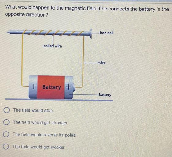 What would happen to the magnetic field if he connects the battery in the
opposite direction?
iron nail
coiled wire
wire
1
Battery +
battery
O The field would stop.
O
The field would get stronger.
O The field would reverse its poles.
O
The field would get weaker.