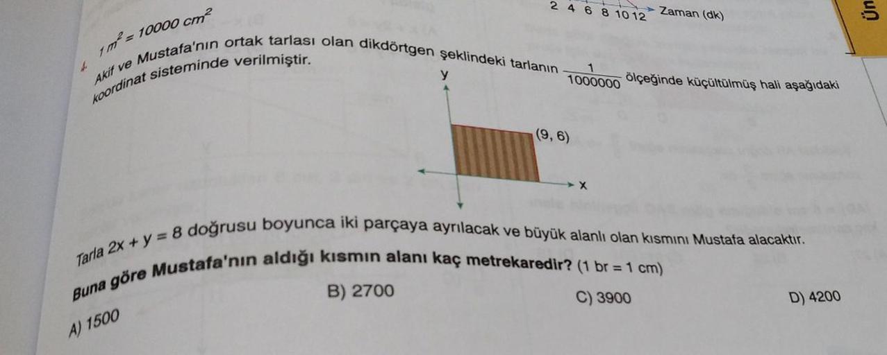 → Zaman (dk)
2 4 6 8 10 12
Un
101 - 10000 cm?
Mustafa'nın ortak tarlası olan dikdörtgen şeklindeki tarlanın
y
Akit ve
1000000
ölçeğinde küçültülmüş hali aşağıdaki
koordinat sisteminde verilmiştir.
(9,6)
Buna göre Mustafa'nın aldığı kısmin alanı kaç metreka