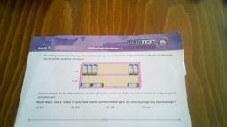 ULTI TEST
Test 142
Bölüm Değerlendirme - I
1. Murat Bey eni 6 santimetre, boyu 14 santimetre olan aynı model telefonlar mağazasındaki 1. rafa dikey 2. rata yatay
olacak şekilde aşağıdaki gibi diziyor
1. rat
2. raf
Eşit uzunluktaki her bir rafta telefonlar üst üste gelmeden, aralarında boşluk kalmadan ratlara tam sığacak şekilde
yerleştirilmiştir.
Murat Bey 1. rafa 2. raftan 12 tane fazla telefon yerleştirdiğine göre, bu rafin uzunluğu kaç santimetredir?
A) 84
B) 108
C) 126
D) 144
-bes