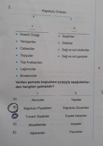 2.
Kapıkulu Ordusu
1
IL
• Acemi Ocağı
• Sipahiler
• Yeniçeriler
• Silahtar
• Cebeciler
• Sağ ve sol ulufeciler
• Topçular
• Sağ ve sol garipler
• Top Arabacıları
• Lağımcılar
5.
• Bostancılar
Verilen şemada boşluklara sırasıyla aşağıdakiler-
den hangileri