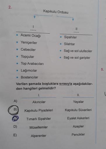 2.
Kapıkulu Ordusu
1
IL
• Acemi Ocağı
• Sipahiler
• Yeniçeriler
• Silahtar
• Cebeciler
• Sağ ve sol ulufeciler
• Topçular
• Sağ ve sol garipler
• Top Arabacıları
• Lağımcılar
5.
• Bostancılar
Verilen şemada boşluklara sırasıyla aşağıdakiler-
den hangileri 