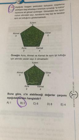 Aşağıda beşgen şeklindeki bahçenin köşelerine
yerleşen beş arkadaşın birbiriyle oynadığı "ip tutma"
oyununa ait görsel verilmiştir. Görseldeki her oyun-
cunun altındaki sayı, kendisinin kaç kişi ile beraber
aynı ipi tuttuğunu göstermektedir.
Eylem
Ahmet
Ebrar
2
Kemal
Azra
2
Örneğin Azra, Ahmet ve Kemal ile aynı ipi tuttuğu
için altında yazan sayı 2 olmaktadır.
Eylem
Ahmet
3
Ebrar
2
Azra
2
Kemal
4
Buna göre, x'in alabileceği değerler çarpımı
aşağıdakilerden hangisidir?
A) 1 B) 3 C) 6 D 8
E) 4
ORIJINAL YAYINLARI
