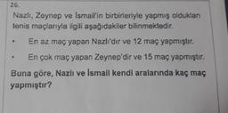 26.
Nazlı, Zeynep ve Ismail'in birbirleriyle yapmış oldukları
tenis maçlarıyla ilgili aşağıdakiler bilinmektedir.
En az maç yapan Nazlı'dır ve 12 maç yapmıştır.
En çok maç yapan Zeynep'dir ve 15 maç yapmıştır.
Buna göre, Nazlı ve İsmail kendi aralarında kaç maç
yapmıştır?