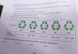 Dann konulduğu plastik siseyi inceleyen öğrenci aşağıdaki işlem basarnaklarını takip ediyor.
Spinde boşluk yoktur.)
Tama seviyesine kadar su dolu olan leğene içi yağ dolu şişeyi bırakıyor ve taşan suyu dereceli kaba
aktardığında 1020 ml olduğunu görüyor.
• Ip yağ dolu şişeyi hassas terazide tarttığında 928 g geliyor.
-
Siseyi açıp yağı dereceli kaba aktardığında yağın hacminin 1000 ml olduğunu görüyor.
• Hassas terazi ile yağın kütlesini 900 g ülçüyor.
g
Plastik türlerine ait özkütle değerleri tabloda verilmiştir.
ca
Hammadde
02
PET
PE-HD
PVC
PP
Özkütle
değeri (g/ml)
PS
1.30 - 1.33
0.94 - 0.96
1.32-1.42
0.90 - 0.92
Elde edilen verilerle plastik şişenin hangi hammaddeden yapıldığını söyleyebiliriz?
1.03 - 1.06
A) PET
B) PE-HD
C) PVC
D) PP
E) PS