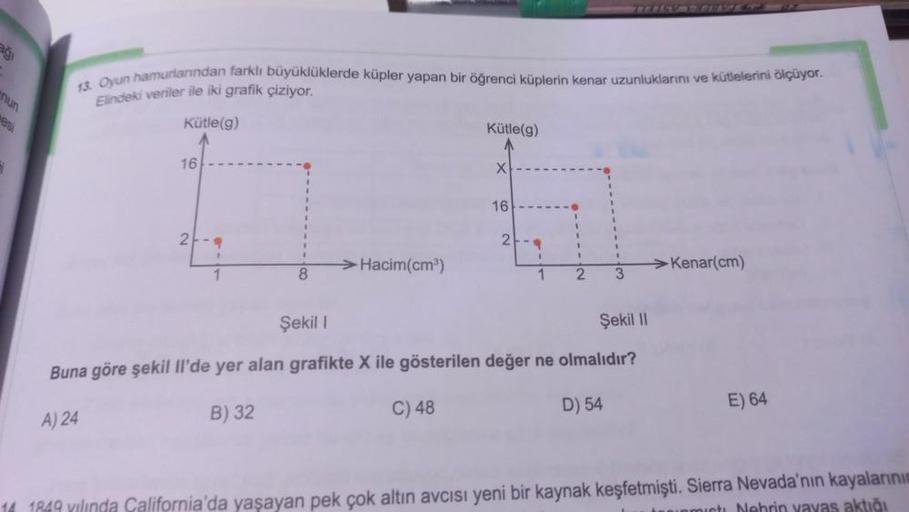 @gi
& oyun hamurlarından farklı büyüklüklerde küpler yapan bir öğrenci küplerin kenar uzunluklarını ve kütlelerini ölçüyor.
Elindeki veriler ile iki grafik çiziyor.
nun
Kütle(9)
Kütle(g)
16
X
16
27-9
2
9
.
Hacim(cm)
Kenar(cm)
1
8
1
2
3
Şekil 1
Şekil 11
Bun