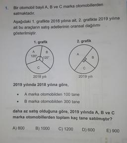 1. Bir otomobil bayii A, B ve C marka otomobillerden
satmaktadır.
Aşağıdaki 1. grafikte 2018 yılına ait, 2. grafikte 2019 yılına
ait bu araçların satış adetlerinin oransal dağılımı
gösterilmiştir.
1. grafik
2. grafik
B
A
120°
A
120°
B
DO
C
C
2018 yılı
2019 yılı
2019 yılında 2018 yılına göre,
A marka otomobilden 100 tane
B marka otomobilden 300 tane
daha az satış olduğuna göre, 2019 yılında A, B ve C
marka otomobillerden toplam kaç tane satılmıştır?
A) 800
B) 1000
C) 1200
D) 600
E) 900
