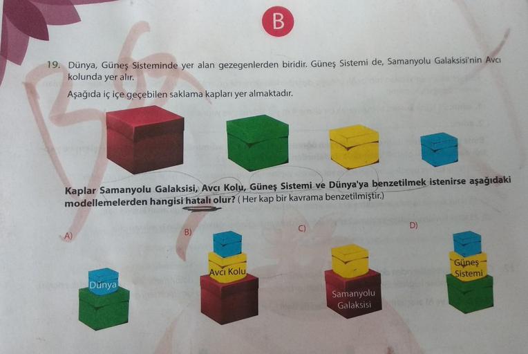 B
19. Dünya, Güneş Sisteminde yer alan gezegenlerden biridir. Güneş Sistemi de, Samanyolu Galaksisi'nin Avcı
kolunda yer alır.
Aşağıda iç içe geçebilen saklama kapları yer almaktadır.
Kaplar Samanyolu Galaksisi, Avci Kolu, Güneş Sistemi ve Dünya'ya benzeti