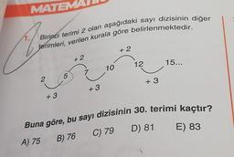 MATEMA
Birinci terimi 2 olan aşağıdaki sayı dizisinin diğer
terimleri, verilen kurala göre belirlenmektedir.
+ 2
+ 2
12
15...
10
2
+ 3
+3
+ 3
Buna göre, bu sayı dizisinin 30. terimi kaçtır?
A) 75 B) 76
D) 81
E) 83
C) 79