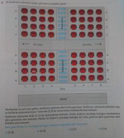 6. Bir konferans salonunun üstten gorunumi asagidaki gibidir.
H
H
G
G
meitene
E
Acil çikis
Acil çıkış
D
C
C
Merdivenler
Ali
B
A
A
2
3
1
5
6
7
8
Giriş
SAHNE
Merdivenler ile acil çıkış yolları, konferans salonunu dört kısma ayırmıştır. Konferans salonunda koltuklar sayı
ve harflerle numaralanmıştır. Yukarıda (2, B) ile numaralanan koltukta Ali oturmaktadır.
Konferans salonunda Arda (3, G) ile numaralanan koltukta; Sinem, Arda'nın oturduğu koltuğun merdivenlere
göre yansıması olan koltukta, Melike ise Sinem'in oturduğu koltuğun acil çıkış yollarına göre yansıması olan
koltukta oturmaktadır.
Buna göre Melike'nin oturduğu koltuğun numarası aşağıdakilerden hangisidir?
A) (5,B)
B) (6, B)
C) (7,0)
D) (7, A)
