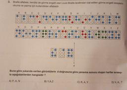 3. Braille alfabesi, kendisi de görme engelli olan Louis Braille tarafından icat edilen görme engelli bireylerin
okuma ve yazma için kullandıkları alfabedir.
A
B.
o
D
E
F G
Ğ
H
H
1
K
L
M
Ollo
lool
1000)
looo
.00
OO
OOO
ood
OOO
OOC
000
OOO
OOC
Od
ood
OOO
OO
OOC
OOO
Ood
00
N
OOO
loo
1000
OOO
1000
TOO
o
lood
OOO
OOO
OOO
0
Q
R.
S
ş
T
v
w
N
N
OOO
OOO
000
OOO
OOO
OOO
OOO
OOO
000
OO
OOC
OOO
OO
OO
OO
OOO
OOO
OOO
OOO
O
00
Oo
OOO
O
OOO
OOO
Ooo
OOO
OOO
OOO
d
Buna göre yukarıda verilen görüntülerin d doğrusuna göre yansıma sonucu oluşan harfler sırasıy-
la aşağıdakilerden hangisidir?
A) P, A, N
B) Y.AZ
C) R, A, Y
D) V, A T
