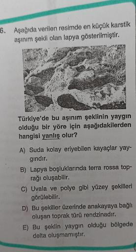 6. Aşağıda verilen resimde en küçük karstik
aşınım şekli olan lapya gösterilmiştir.
Türkiye'de bu aşınım şeklinin yaygın
olduğu bir yöre için aşağıdakilerden
hangisi yanlış olur?
A) Suda kolay eriyebilen kayaçlar yay-
gindir.
B) Lapya boşluklarında terra r