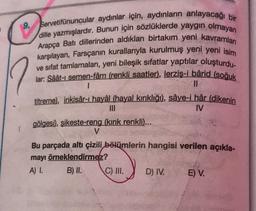 9. Servetifünuncular aydınlar için, aydınların anlayacağı bir
dille yazmışlardır. Bunun için sözlüklerde yaygın olmayan
Arapça Batı dillerinden aldıkları birtakım yeni kavramları
karşılayan, Farsçanın kurallarıyla kurulmuş yeni yeni isim
ve sıfat tamlamaları, yeni bileşik sifatlar yaptılar oluşturdu-
lar: Sâât-1 semen-fâm (renkli saatler), lerziş-i bârid (soğuk
1
II
titreme), inkisâr-ı hayâl (hayal kırıklığı), sâye-i hâr (dikenin
IV
gölgesi), şikeste-reng (kırık renkli)...
V
Bu parçada altı çizili
bölümlerin hangisi verilen açıkla-
mayı örneklendirmez?
A) 1. B) II. C) III.
D) IV. E) V.