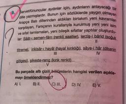 9. Servetifünuncular aydınlar için, aydınların anlayacağı bir
dille yazmışlardır. Bunun için sözlüklerde yaygın olmayan
Arapça Batı dillerinden aldıkları birtakım yeni kavramları
karşılayan, Farsçanın kurallarıyla kurulmuş yeni yeni isim
ve sıfat tamlamaları, yeni bileşik sifatlar yaptılar oluşturdu-
lar: Sâât-1 semen-fâm (renkli saatler), lerziş-i bârid (soğuk
1
II
titreme), inkisâr-ı hayâl (hayal kırıklığı), sâye-i hâr (dikenin
IV
gölgesi), şikeste-reng (kırık renkli)...
V
Bu parçada altı çizili
bölümlerin hangisi verilen açıkla-
mayı örneklendirmez?
A) 1. B) II. C) III.
D) IV. E) V.
