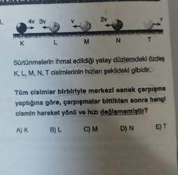 4V 3V
2v
K.
L
M
N T
Sürtünmelerin ihmal edildiği yatay düzlemdekl özdeş
K, L, M, N, T cisimlerinin hızları şekildeki gibidir.
Tüm cisimler birbirlyle merkezl esnek çarpışma
yaptığına göre, çarpışmalar bittikten sonra hangl
cismin hareket yönü ve hızı değlsmemiştır?
B) L
A) K
C) M
D) N
ET