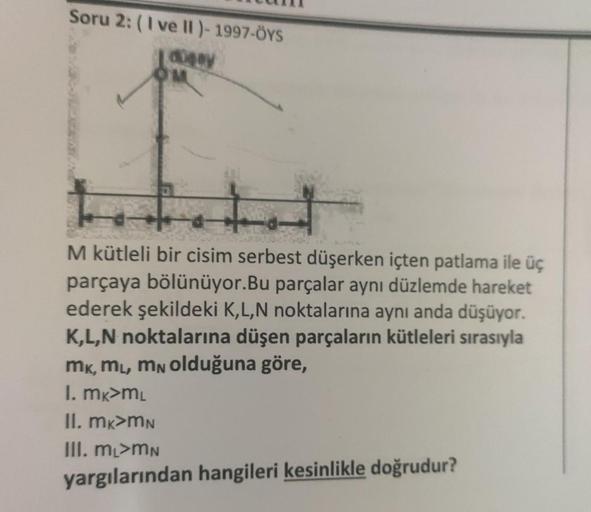 Soru 2: (I ve II - 1997-ÖYS
OM
M kütleli bir cisim serbest düşerken içten patlama ile üç
parçaya bölünüyor.Bu parçalar aynı düzlemde hareket
ederek şekildeki K,L,N noktalarına aynı anda düşüyor.
K,L,N noktalarına düşen parçaların kütleleri sırasıyla
mk, m,