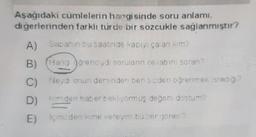 Aşağıdaki cumlelerin hangisinde soru anlamı
diğerlerinden farklı turde bir sozcukle sağlanmıştır?
A)
Sabahın bu saatinde kapıyı çalan m?
B) (Hang gorenciydi sorulann ovabin soran
C) Neye onun der inden ben sizderi oğrenmek istedig?
D) Inden haber bekliyormuş değeri dostum?
E) inden kime vereyim bu zorgorev?