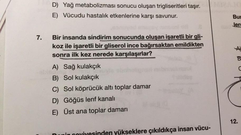 D) Yağ metabolizması sonucu oluşan trigliseritleri taşır.
E) Vücudu hastalık etkenlerine karşı savunur.
Bur
Jere
7.
Bir insanda sindirim sonucunda oluşan işaretli bir gli-
koz ile işaretli bir gliserol ince bağırsaktan emildikten
sonra ilk kez nerede karşı