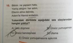 16. Bilirim ne yapsam hata,
Yanlış attığım her adım,
Ellerim elma dalında,
Adem'le Havva ecdadım.
Yukarıdaki dörtlükte aşağıdaki ses olaylarından
hangisi yoktur?
A) Ünlü düşmesi
B) Ünsüz yumuşaması
C) Ünsüz benzeşmesi
D) Ulama
DI
E) Ünsüz yumuşamasına aykırılık