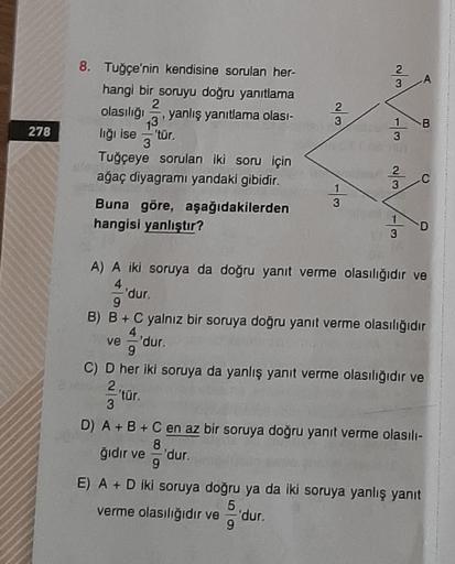 2
3
13
wolf
B
278
8. Tuğçe'nin kendisine sorulan her-
hangi bir soruyu doğru yanıtlama
2
olasılığı yanlış yanıtlama olası-
liği ise 'tür.
3
Tuğçeye sorulan iki soru için
ağaç diyagramı yandaki gibidir.
Buna göre, aşağıdakilerden
hangisi yanlıştır?
2
3
1
3
