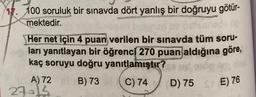100 soruluk bir sınavda dört yanlış bir doğruyu götür-
mektedir.
Her net için 4 puan verilen bir sınavda tüm soru-
ları yanıtlayan bir öğrenci 270 puan aldığına göre,
kaç soruyu doğru yanıtlamıştır?
A) 72 8B) 73 C) 74
D) 75
27015
STE) 76