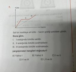 7.
Kütle
vous
II
obele unabid A
lo
coolbo Ismillal nobla)
1
a
Hacim
-
Saf bir maddeye ait kütle - hacim grafiği şekildeki gibidir.
Buna göre,
I. I aralığında özkütle sabittir.
II. Il aralığında özkütle azalmaktadır.
III. III aralığında özkütle azalmaktadır.
yargılarından hangileri doğrudur?
A) Yalnız!
B) Yalnız II C) I ve II
D) II ve III
E) I, II ve III
