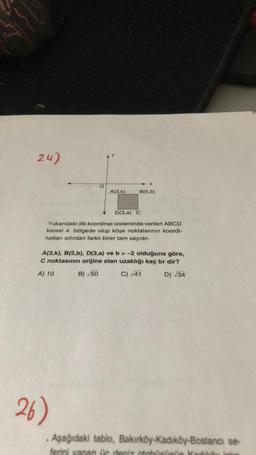 20)
X
O
A(3,k)
B(5.b)
D(3,a) C
Yukarıdaki dik koordinat sisteminde verilen ABCD
karesi 4. bölgede olup köşe noktalarının koordi-
natları sıfırdan farklı birer tam sayıdır.
A(3,k), B(5,b), D(3,a) ve b>-2 olduğuna göre,
C noktasının orijine olan uzaklığı kaç br dir?
A) 10
B) 50
C) 41
D) 34
26)
Aşağıdaki tablo, Bakırköy-Kadıköy Bostancı se-
ferini yapan Oc deniz
