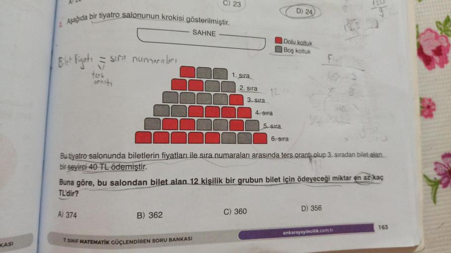 A24
C) 23
D) 24
2. Asağıda bir tiyatro salonunun krokisi gösterilmiştir.
SAHNE
Dolu koltuk
| Boş koltuk
Bilet Fiyatı sira numaralari
1. sıra
ters
oronts
2. sıra
12
3. sıra
4. stra
2
5. sira
6. sira
Bu tiyatro salonunda biletlerin fiyatları ile sıra numaral