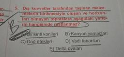ers
na
5. Dış kuvvetler tarafından taşınan malze-
melerin birikmesiyle oluşan ve horizon-
ları olmayan topraklara aşağıdaki yerle-
rin hangisinde rastlanmaz?
ir
B
A Birikinti konileri B) Kanyon yamaçları
C) Dağ etekleri
C
D) Vadi tabanları
E) Delta ovaları
