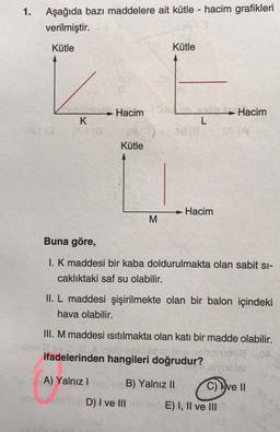 1.
Aşağıda bazı maddelere ait kütle - hacim grafikleri
verilmiştir.
Kütle
Kütle
Hacim
Hacim
K
L
13
STA
Kütle
Hacim
M
Buna göre,
1. K maddesi bir kaba doldurulmakta olan sabit si-
caklıktaki saf su olabilir.
II. L maddesi şişirilmekte olan bir balon içindeki
hava olabilir.
III. M maddesi isitilmakta olan katı bir madde olabilir.
ifadelerinden hangileri doğrudur?
A) Yalnız ! B) Yalnız II
C) ve 11
D) I ve III E) I, II ve III
