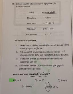 19. Bitkiler sıcaklık isteklerine göre aşağıdaki gibi
sınıflandırılabilir.
Grup
Sıcaklık isteği
Megaterm
> 20 °C
Mezoterm
15 °C -20 °C
Mikroterm
0 °C -15 °C
Hekistoterm
< 0°C
Bu verilere dayanarak,
I. Hekistoterm bitkiler, don olaylarının görüldüğü iklime
daha iyi uyum sağlar.
II. Yillik sıcaklık ortalamasının yüksek olduğu e
ekosistemlerde daha çok megaterm bitkiler bulunur.
III. Mezoterm bitkiler, damarsız tohumsuz bitkiler
şubesinde yer alır.
IV. Mikroterm bitkiler, ülkemizde daha çok çayırlık
alanda yayılış gösterir.
t
yorumlarından hangileri yapılabilir?
A) I ve II
B) I ve IV
C) II ve III
D) III ve IV
E) Il ve IV