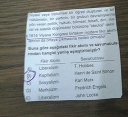 Siyasi veya toplumsal bir öğreti oluşturan ve bir
hükümetin, bir partinin, bir grubun davranışlarına
yön veren politik, hukuki, bilimsel, felsefi, dini, mo-
ral ve estetik düşünceler bütününe “ideoloji denir.
1815 Viyana Kongresi birtakım modern fikir akim-
Tarının da ortaya çıkmasına neden olmuştur.
Buna göre aşağıdaki fikir akımı ve savunucula-
rindan hangisi yanlış eşleştirilmiştir?
Savunucusu
Fikir Akimi
T. Hobbes
Henri de Saint Simon
A Liberalizm
B) Kapitalizm
Sosyalizm
D) Marksizm
E)
Liberalizm
Karl Marx
Fredrich Engels
John Locke
