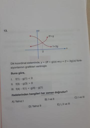 13.
2f+g
f+2g
X
2
Dik koordinat sisteminde, y = (2f + g)(x) ve y = (f +29)(x) fonk-
siyonlarının grafikleri verilmiştir.
Buna göre,
1. f(1) - g(1) < 0
II. f(3) - g(3) > 0
III. f(4) -f(1) < g(4) - g(1)
ifadelerinden hangileri her zaman doğrudur?
C) I ve II