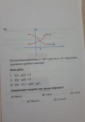 13.
2f+g
f+2g
X
2
Dik koordinat sisteminde, y = (2f + g)(x) ve y = (f +29)(x) fonk-
siyonlarının grafikleri verilmiştir.
Buna göre,
1. f(1) - g(1) < 0
II. f(3) - g(3) > 0
III. f(4) -f(1) < g(4) - g(1)
ifadelerinden hangileri her zaman doğrudur?
C) I ve II
