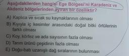 Aşağıdakilerden hangisi Ege Bölgesi'ni Karadeniz ve
Akdeniz bölgelerinden ayıran bir özelliktir?
A) Kaplıca ve sıcak su kaynaklarının olması
B) Kıyıyla iç kesimler arasındaki doğal bitki örtülerinin
farklı olması
C) Koy, körfez ve ada sayısının fazla olması
D) Tarım ürünü çeşidinin fazla olması
E) Doğu-batı uzanışlı dağ sıralarının bulunması