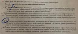 8. Eleştiri; bir kişi, eser ya da olayla ilgili yazarın olumlu ve olumsuz düşüncelerini ortaya koymasıdır.
Buna göre aşağıdakilerden hangisi bir eleştiri yazısından alınmıştır?
A) Öğretmenimiz haftada bir gün elinde kitap dolu çantalarla sınıfa girer, kitapları masasının üzerine yığıp bizi de masasının başı-
na toplardı. Sonra bize, istediğimiz kitapları alıp inceleyebileceğimizi söylerdi. Biz de her kitabi tek tek inceleyip beğendiğimiz
bir tanesini ödünç alırdık. Bugün kitaplarla olan sıkı dostluğum işte böyle başladı.
B) Düzenli çalışmayan insanların en büyük sorunu, işlerini zamanında bitirememeleridir. Sürekli zaman darlığından şikâyet eden
bu insanlar, en küçük ve basit işlerini bile iğneyle kuyu kazmaya benzetirler. Oysa düzenli insanlar için durum hiç de bu ka-
dar zor değildir. Onlar hedeflerini belirlerler, planlarını yaparlar ve bütün işlerini zamanında bitirerek başarılarının keyfini çıka-
rirlah
Sort yillarda bir dizi çılgınlığıdır almış başını gidiyor. Neredeyse her gece her televizyon kanalında bir dizi yayınlanıyor. İşin
kötü tarafı ise bu dizilerin neredeyse hiçbirinin, gerçek hayatla hiçbir alakası yok. Türk kültürüne, gelenek göreneklerine uy-
mayan bu dizilerin insan hayatında çeşitli olumsuz etkileri görülüyor.
DJ Insanlar, hiçbir bilgiye sahip olmadan doğar. Yaşamı boyunca birçok bilgi öğrenir
. Bu bilgilerin çoğunu okuma yoluyla öğ-
renir. Başarının sırrı da okumaktır. Okulda olduğu kadar hayatta da başarının en önde gelen şartlarından biri yine okumaktır.
Yüzyılların deneme ve araştırma ürünlerinden yararlanmak, uygar ve kültürlü bir insan olmak için çok okumalıyız.
