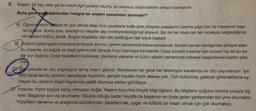 8. Eleştiri; bir kişi, eser ya da olayla ilgili yazarın olumlu ve olumsuz düşüncelerini ortaya koymasıdır.
Buna göre aşağıdakilerden hangisi bir eleştiri yazısından alınmıştır?
A) Öğretmenimiz haftada bir gün elinde kitap dolu çantalarla sınıfa girer, kitapları masasının üzerine yığıp bizi de masasının başı-
na toplardı. Sonra bize, istediğimiz kitapları alıp inceleyebileceğimizi söylerdi. Biz de her kitabi tek tek inceleyip beğendiğimiz
bir tanesini ödünç alırdık. Bugün kitaplarla olan sıkı dostluğum işte böyle başladı.
B) Düzenli çalışmayan insanların en büyük sorunu, işlerini zamanında bitirememeleridir. Sürekli zaman darlığından şikâyet eden
bu insanlar, en küçük ve basit işlerini bile iğneyle kuyu kazmaya benzetirler. Oysa düzenli insanlar için durum hiç de bu ka-
dar zor değildir. Onlar hedeflerini belirlerler, planlarını yaparlar ve bütün işlerini zamanında bitirerek başarılarının keyfini çıka-
rirlah
Sort yillarda bir dizi çılgınlığıdır almış başını gidiyor. Neredeyse her gece her televizyon kanalında bir dizi yayınlanıyor. İşin
kötü tarafı ise bu dizilerin neredeyse hiçbirinin, gerçek hayatla hiçbir alakası yok. Türk kültürüne, gelenek göreneklerine uy-
mayan bu dizilerin insan hayatında çeşitli olumsuz etkileri görülüyor.
DJ Insanlar, hiçbir bilgiye sahip olmadan doğar. Yaşamı boyunca birçok bilgi öğrenir
. Bu bilgilerin çoğunu okuma yoluyla öğ-
renir. Başarının sırrı da okumaktır. Okulda olduğu kadar hayatta da başarının en önde gelen şartlarından biri yine okumaktır.
Yüzyılların deneme ve araştırma ürünlerinden yararlanmak, uygar ve kültürlü bir insan olmak için çok okumalıyız.
