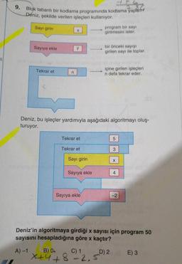9.
Blok tabanlı bir kodlama programında kodlama yapan
Deniz, şekilde verilen işleçleri kullanıyor.
Sayı girin
X
program bir sayı
girilmesini ister.
Sayıya ekle
y
bir önceki sayıyı
girilen sayı ile toplar,
Tekrar et
n
içine girilen işleçleri
n defa tekrar eder.
Deniz, bu işleçler yardımıyla aşağıdaki algoritmayı oluş-
turuyor.
Tekrar et
5
Tekrar et
3
Sayı girin
X
Sayıya ekle
4
Sayıya ekle
-2
Deniz'in algoritmaya girdiği x sayısı için program 50
sayısını hesapladığına göre x kaçtır?
A-1 B) O. C) 1 D) 2
Xt448-2.5
E) 3