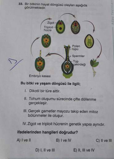 33. Bir bitkinin hayat döngüsü olayları aşağıda
görülmektedir.
Aday Yayinlari
Zigot
Triploit
hücre
OD
00
Polen
tüpü
Spermler
-Tüp
çekirdeği
Embriyo kesesi
Bu bitki ve yaşam döngüsü ile ilgili;
1. Dikotil bir türe aittir.
II. Tohum oluşumu sürecinde çifte d