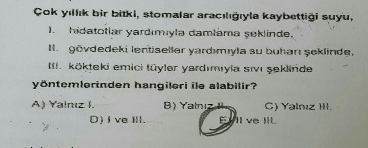 Çok yıllık bir bitki, stomalar aracılığıyla kaybettiği suyu,
hidatotlar yardımıyla damlama şeklinde,
II. gövdedeki lentiseller yardımıyla su buharı şeklinde,
III. kökteki emici tüyler yardımıyla sıvı şeklinde
yöntemlerinden hangileri ile alabilir?
A) Yalnı