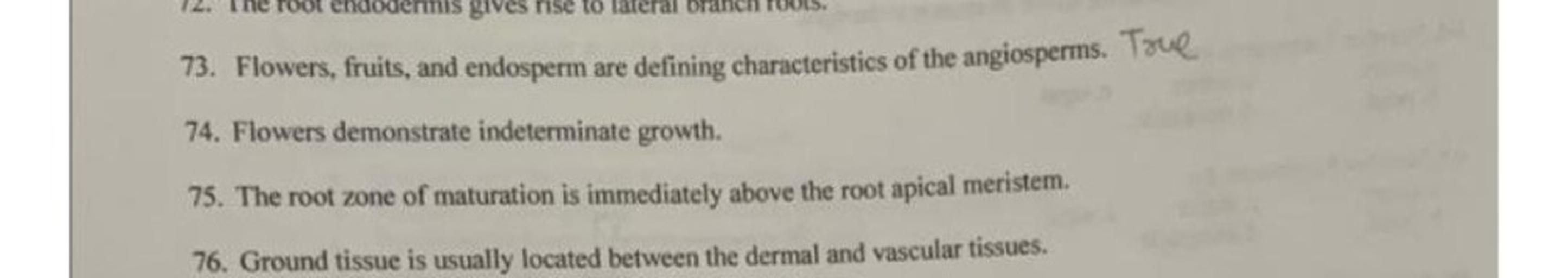 12. The root endodermis gives rise to lateral branici
73. Flowers, fruits, and endosperm are defining characteristics of the angiosperms. Tove
74. Flowers demonstrate indeterminate growth.
75. The root zone of maturation is immediately above the root apical meristem.
76. Ground tissue is usually located between the dermal and vascular tissues.