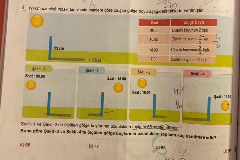 9 (*) cm uzunluğundaki bir cismin saatlere göre oluşan gölge boyu aşağıdaki tabloda verilmiştir.
Saat
Gölge Boyu
Cismin boyunun 2 kati
08.00
2 kati
10.00
Cismin boyunun
3
6
(x) cm
3 kati
14.00
Cismin boyunun
4
Cismin boyunun 3 kati
Gölge
17.00
Şekil - 1
Şe