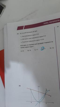 TEMEL MATEMATİK
31.
29. Bir A pozitif tamsayısı ile ilgili;
• Asal
bölenlerinin sayısı 3 tür.
.240 katının asal bölenlerinin sayısı 5 tir.
• Pozitif tam bölenlerinin sayısı 12 dir.
Buna göre, bu koşullara uyan en küçük A sayısının ra-
kamları toplamı kaçtır?
E) 10
D 11
A) 23
C) 17
B) 19
30.
y
-4
10
3
X