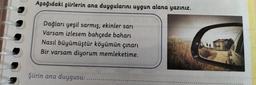 Aşağıdaki şiirlerin ana duygularını uygun alana yazınız.
Dağları yeşil sarmış, ekinler sarı
Varsam izlesem bahçede bahari
Nasıl büyümüştür köyümün çınari
Bir varsam diyorum memleketime.
Şiirin ana duygusu: